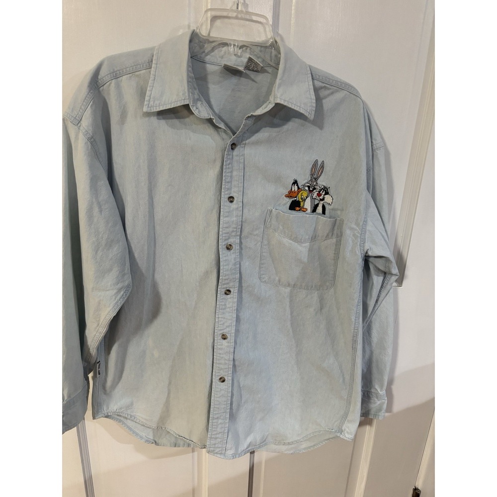 VTG Looney Tunes DEADSTOCK sz L Button Down Denim Shirt Blue Acme